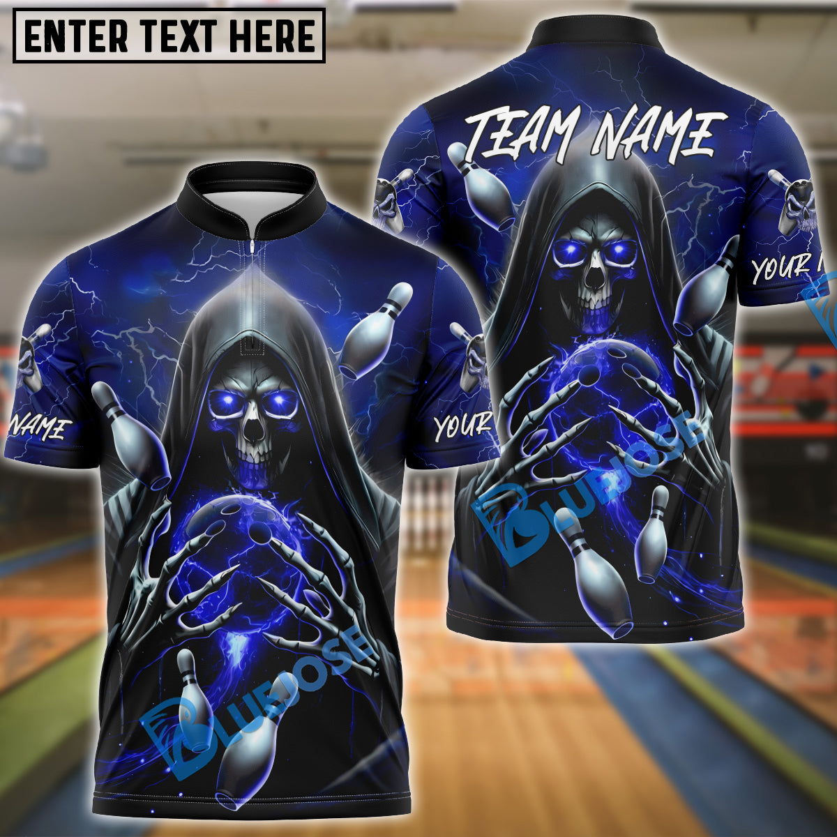 BlueJose Bowling And Pins Skull Grim Reaper Lightning Customized Name, Team Name 3D Shirt (4 Colors)