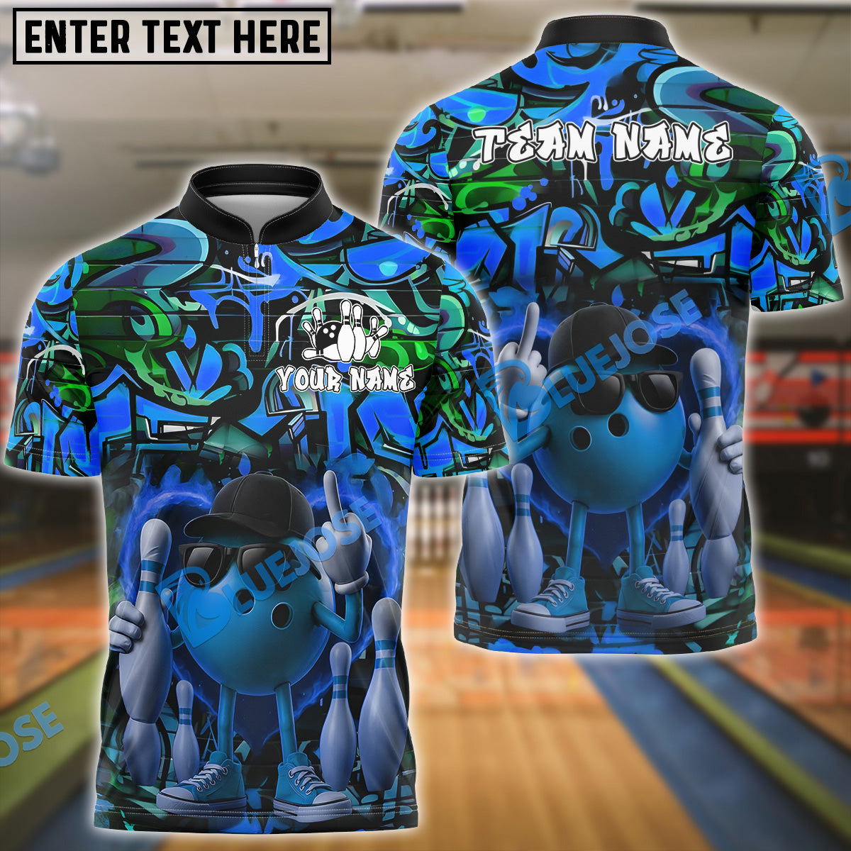 BlueJose Street Bowling Attitude Graffiti Pattern Customized Name, Team Name 3D Shirt (4 Colors)