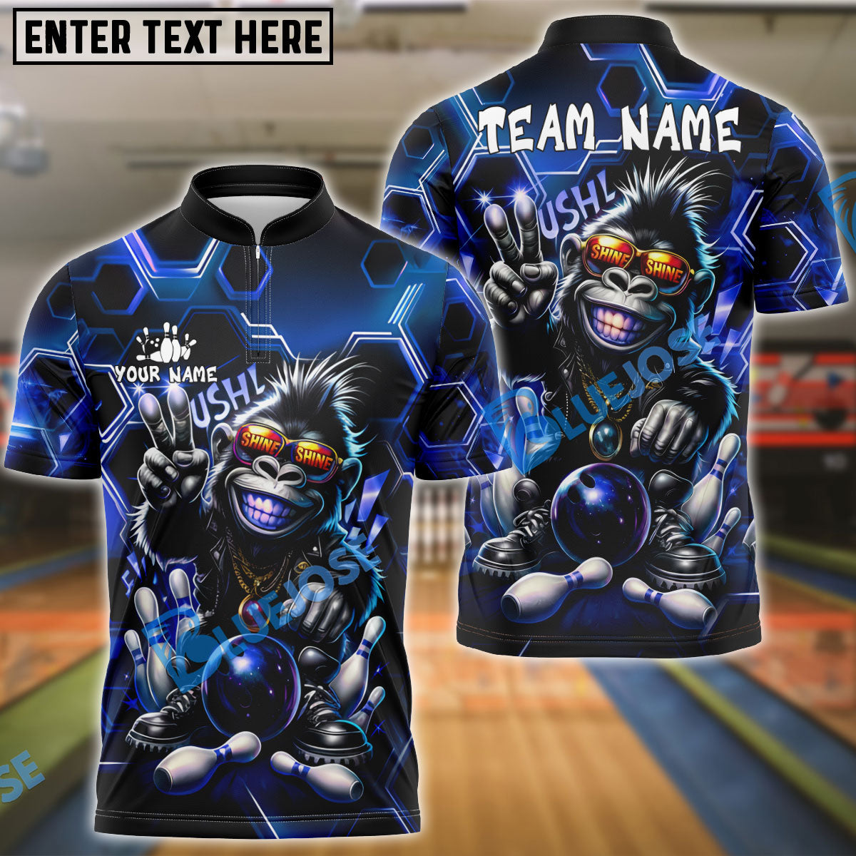 BlueJose Bowling Hiphop Gorilla Design Customized Name, Team Name 3D Shirt (4 Colors)