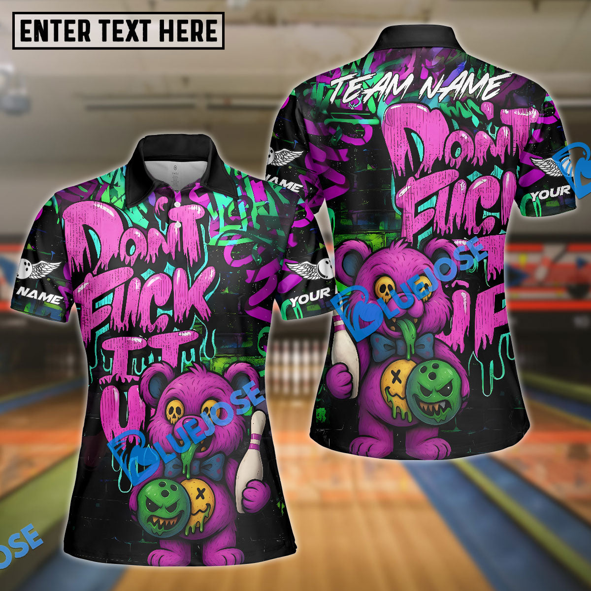 BlueJose Bowling And Pins Bear Scary Teddy Graffiti Style Customized Name, Team Name 3D Shirt (4 Colors)