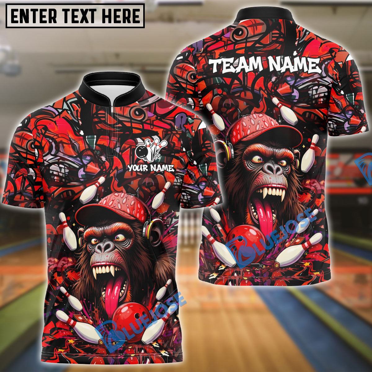 BlueJose Bowling And Pins Gorilla Wild Strike Graffiti Street Art Customized Name, Team Name 3D Shirt (4 Colors)