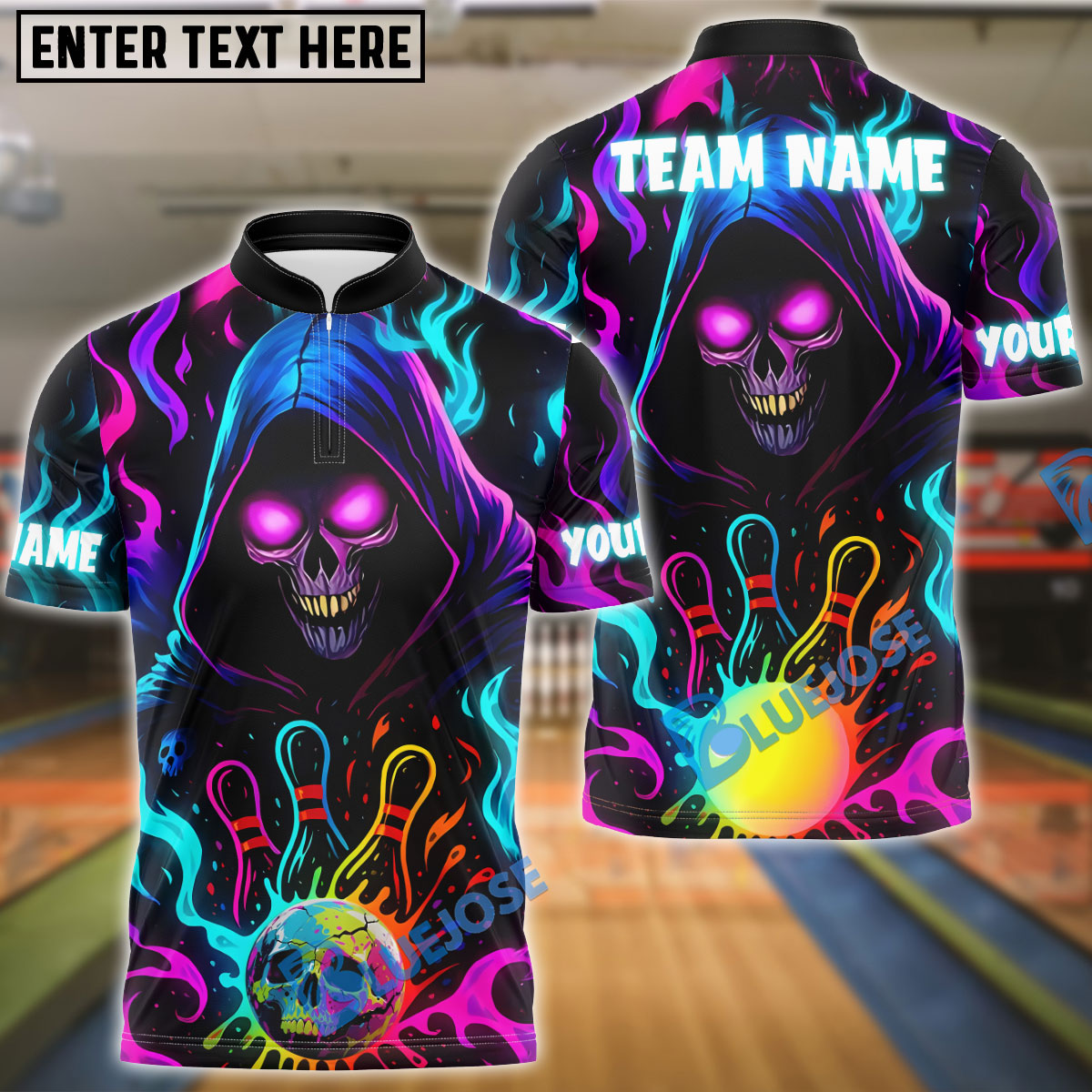 BlueJose Bowling Grim Reaper Neon Flame Ver 2 Personalized Name, Team Name 3D Shirt