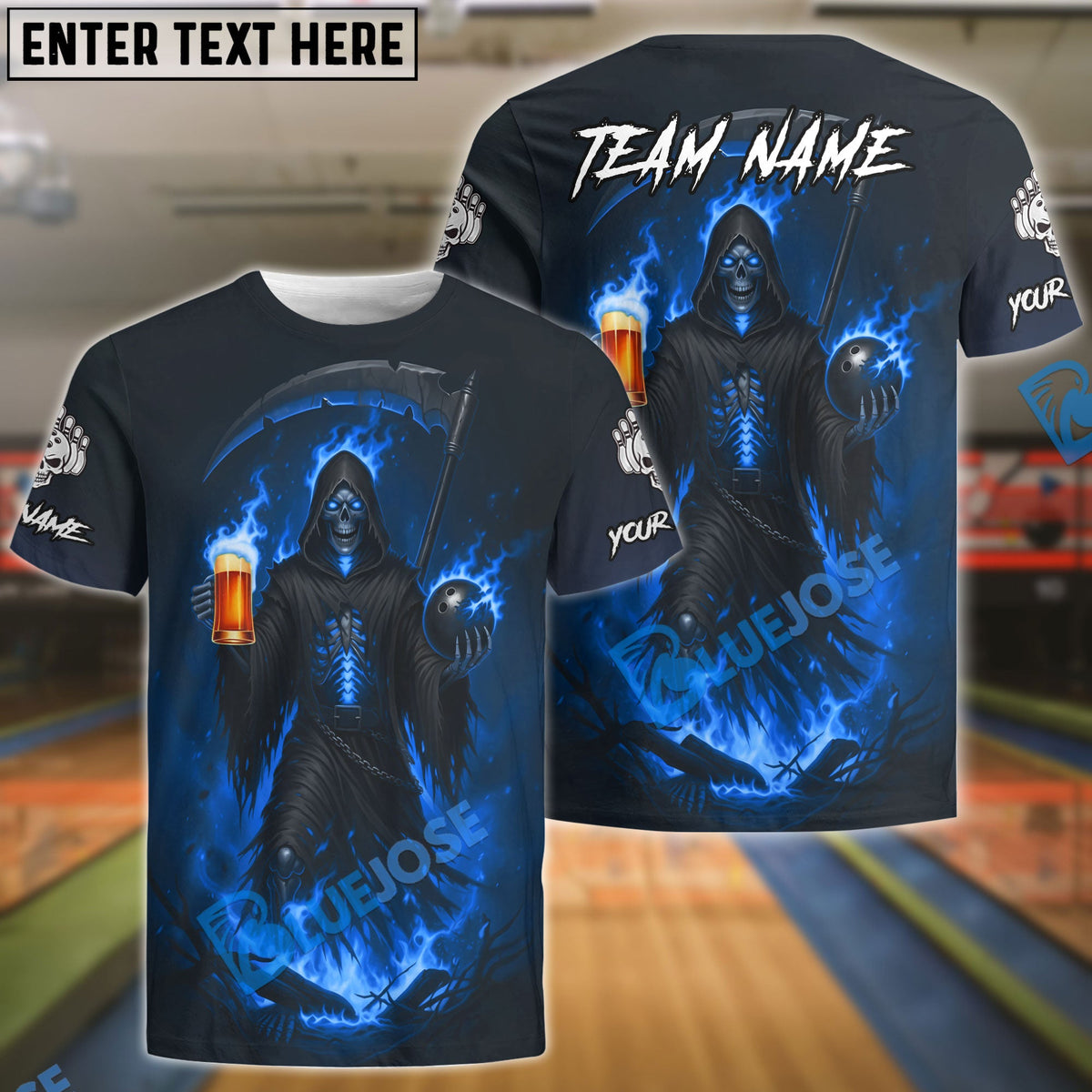 BlueJose Bowling Grim Reaper Beer Flame Customized Name, Team Name 3D Shirt (4 Colors)