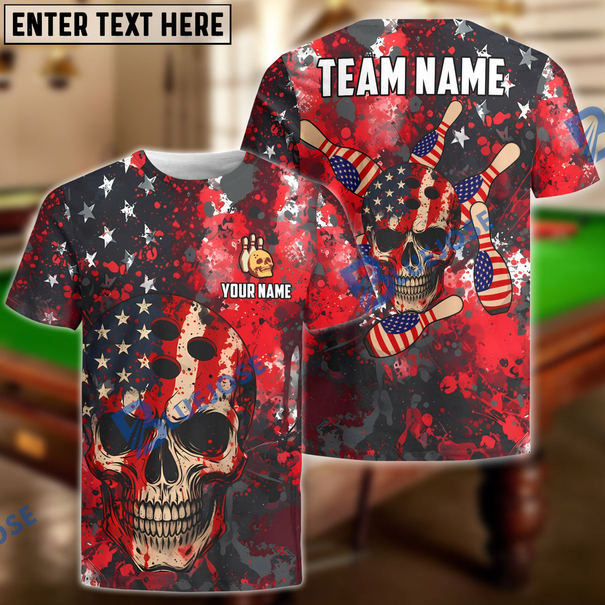 BlueJose Bowling American Flag Skull Blood Dust Personalized Name, Team Name 3D Shirt