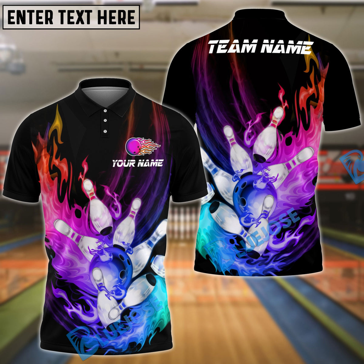 BlueJose Bowling And Pins Flame Customized Name 3D Shirt ( 6 Colors)