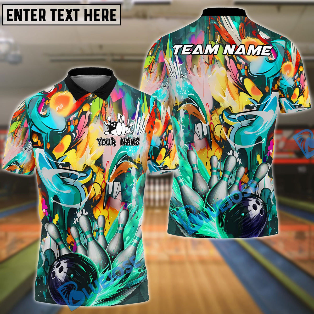 BlueJose Bowling Ball & Pins Strike Explosion Graffiti Style Customized Name, Team Name 3D Shirt (4 Colors)