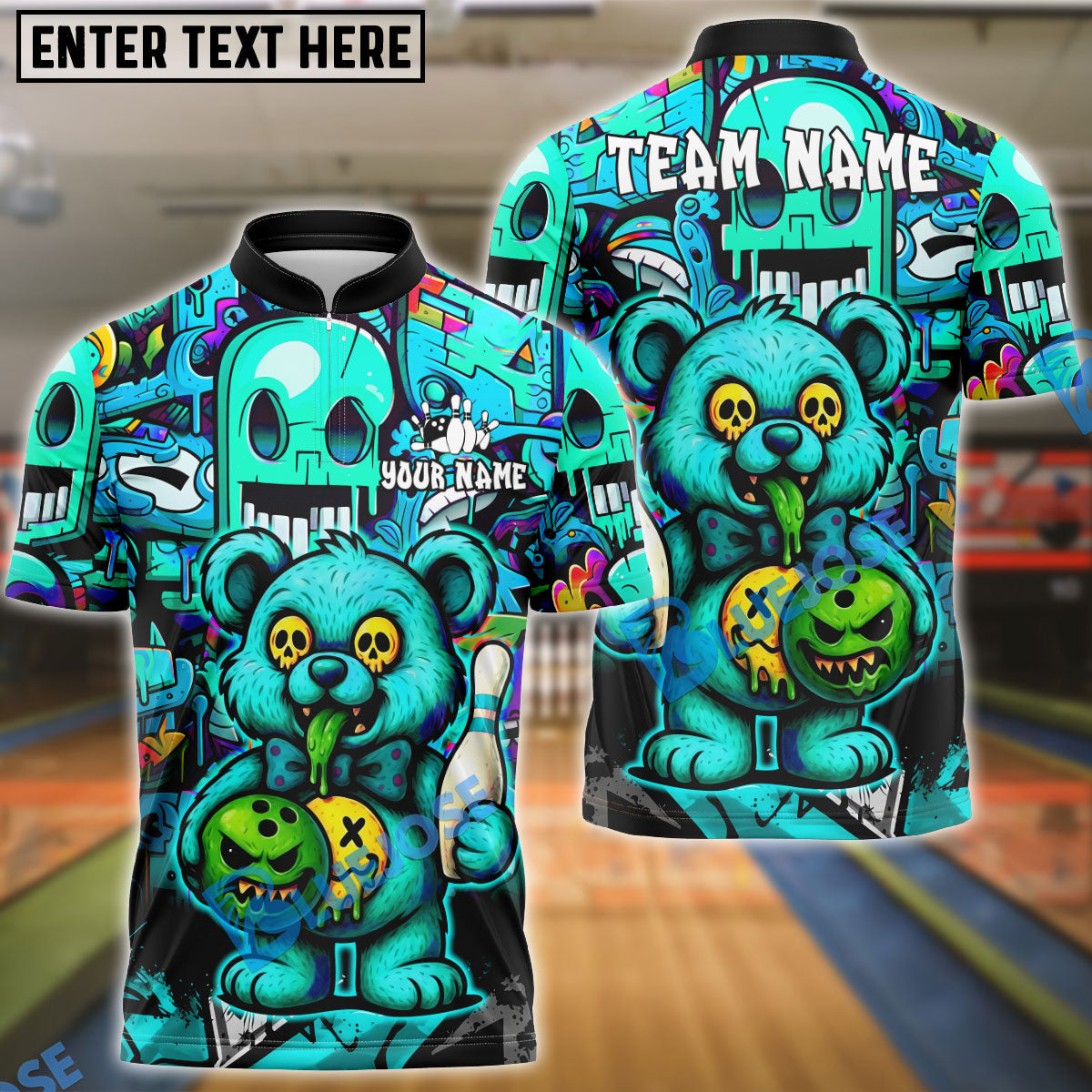BlueJose Bowling And Pins Zombie Teddy Cartoon Customized Name, Team Name 3D Shirt (4 Colors)