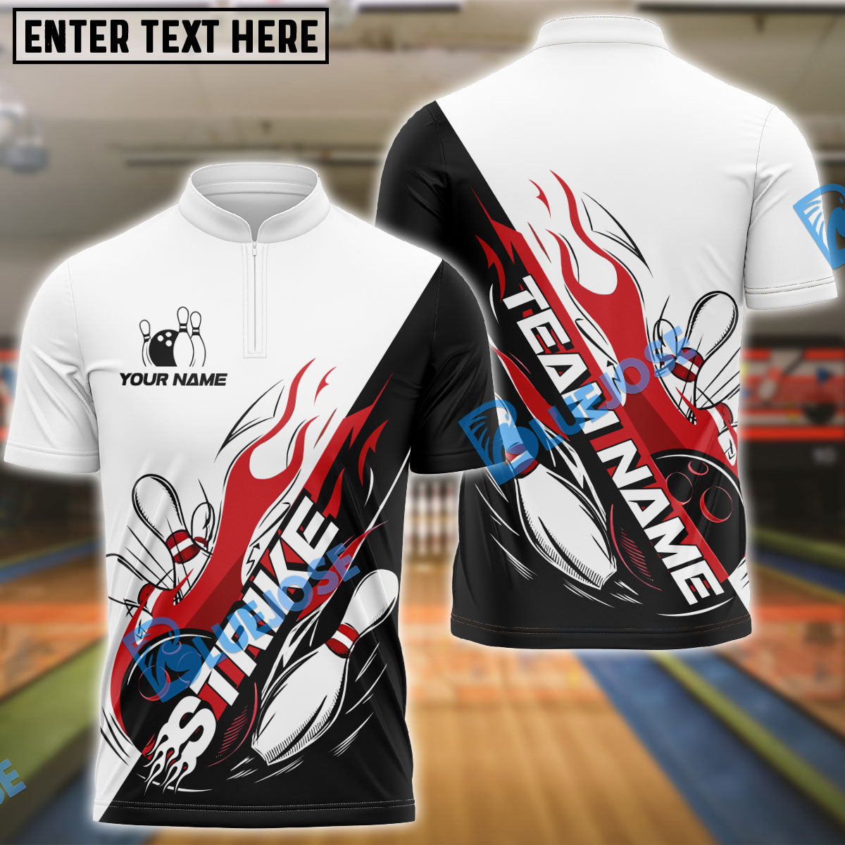 BlueJose Bowling And Pins Flame Strike Customized Name, Team Name 3D Shirt (4 Colors)