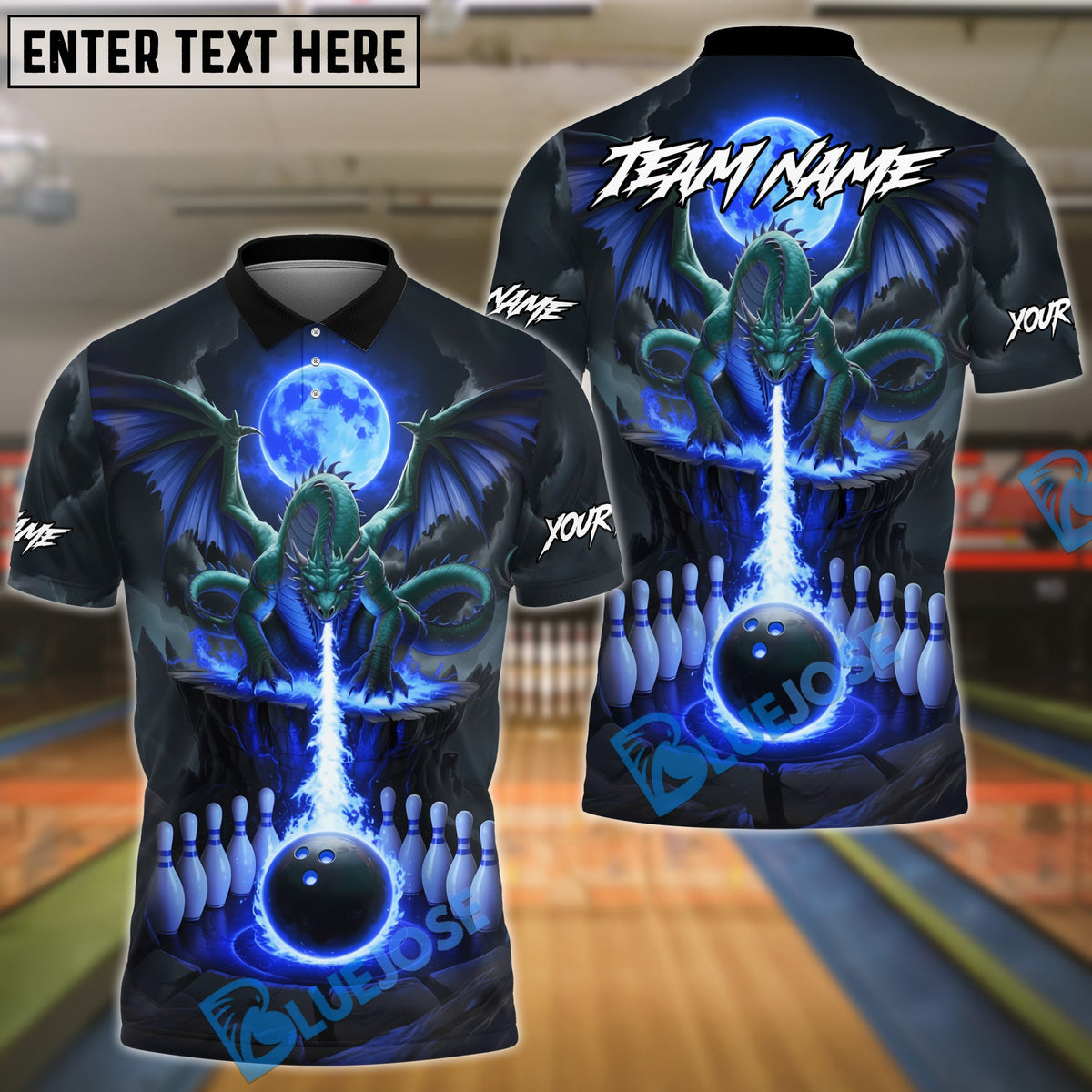 BlueJose Bowling And Pins Dragon Fire Customized Name, Team Name 3D Shirt (4 Colors)