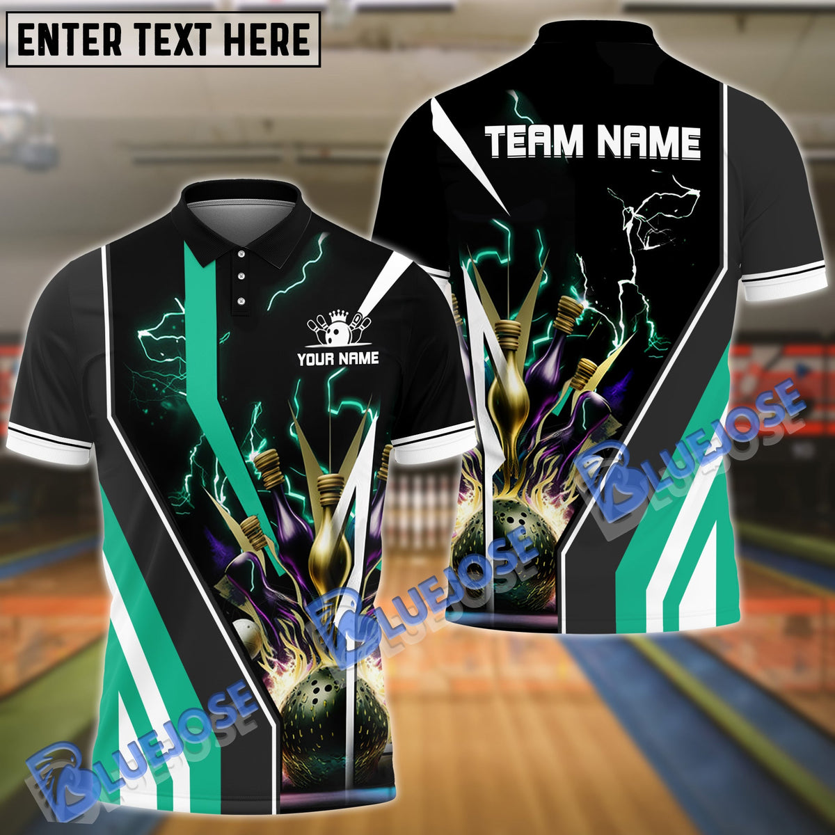 BlueJose Bowling And Pins Electro Strike Multicolor Customized Name 3D Shirt (4 Colors)