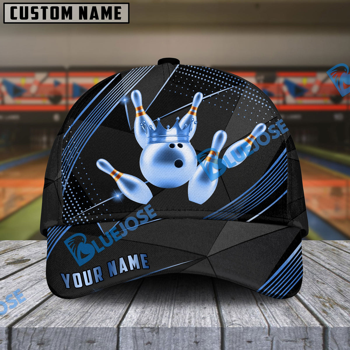 BlueJoses Bowling Ball & Pins Premium Crown Multicolor Personalized Name Cap