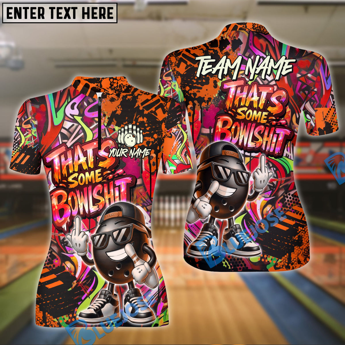 BlueJose Bowling & Pins  Funny Graffiti Cool Cartoon Street Art Design That's Some Bowlshit Customized Name, Team Name 3D Shirt (4 Colors)