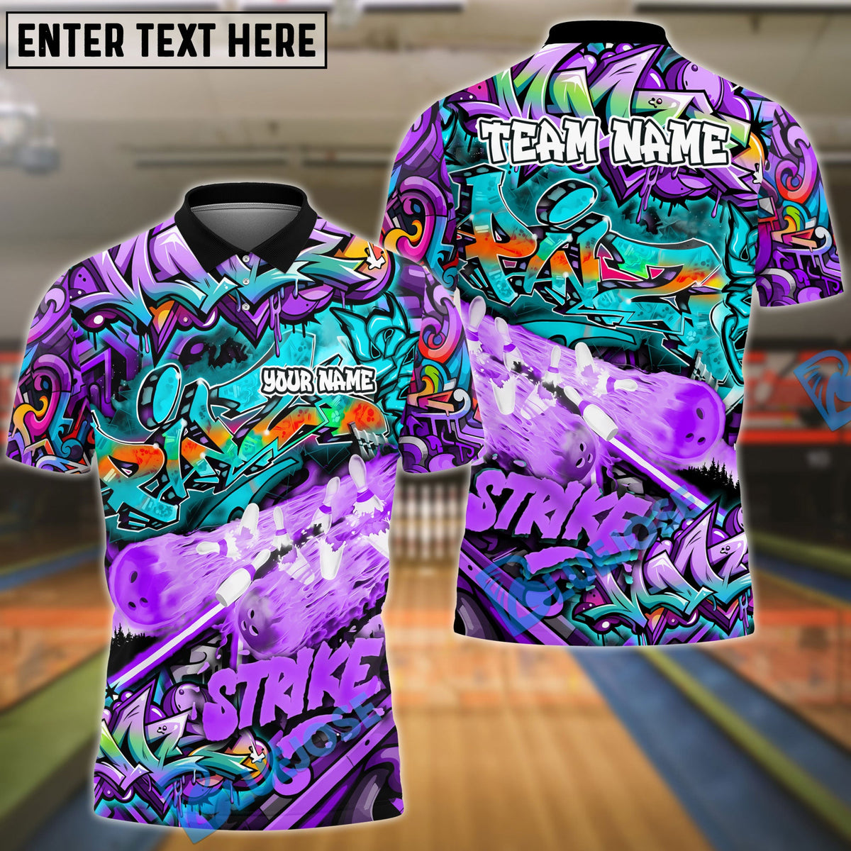 BlueJose Bowling And Pins Graffiti Break Flame Strike Customized Name, Team Name 3D Shirt (4 Colors)