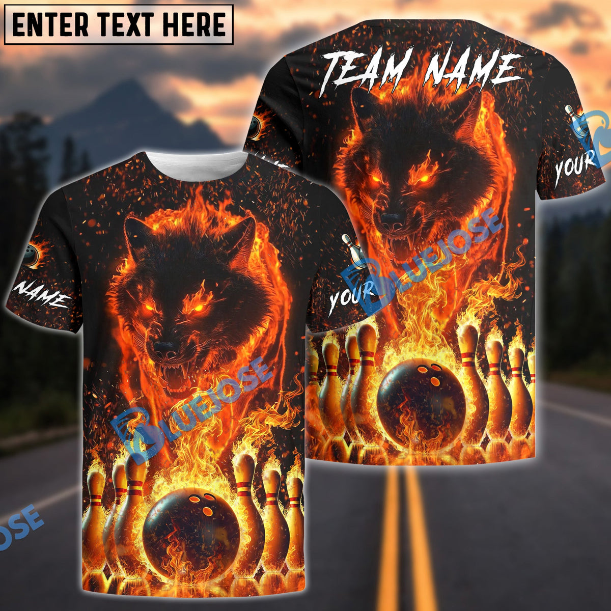 BlueJose Bowling And Pins Fire Wolf Multicolor Options Personalized Name, Team Name 3D Shirt (4 Colors)