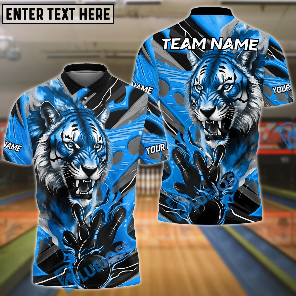 BlueJose Bowling And Pins Tiger Power Blast Customized Name, Team Name 3D Shirt (4 Colors)