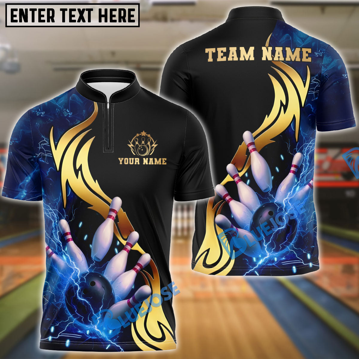 BlueJose Bowling And Pins Strike Thunder Lightning Customized Name, Team Name 3D Shirt (4 Colors)