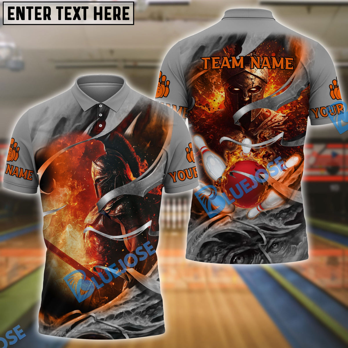 BlueJose Bowling And Pins Spartan Warrior Flame Customized Name, Team Name 3D Shirt (4 Colors)