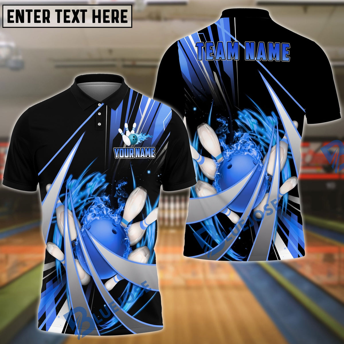 BlueJose Bowling & Pins Neon Swirl Strike Customized Name, Team Name 3D Shirt (4 Colors)