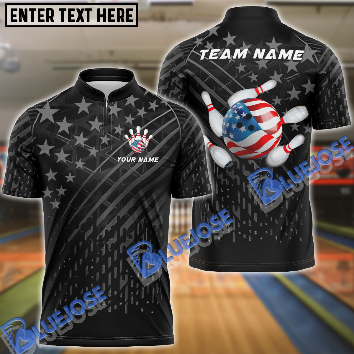 BlueJose Bowling US Black Flag Pattern Customized Name, Team Name 3D Shirt