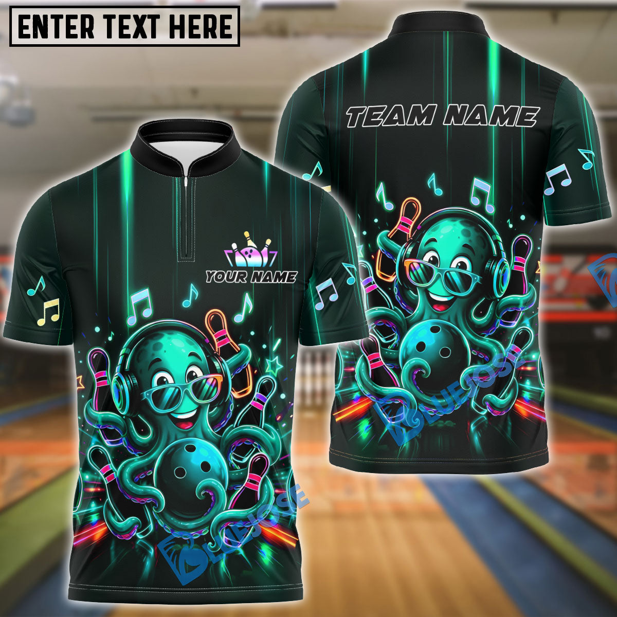 BlueJose Bowling Retro Party Octopus Sunglasses Vibrant Colorful Graphic Customized Name, Team Name 3D Shirt (4 Colors)