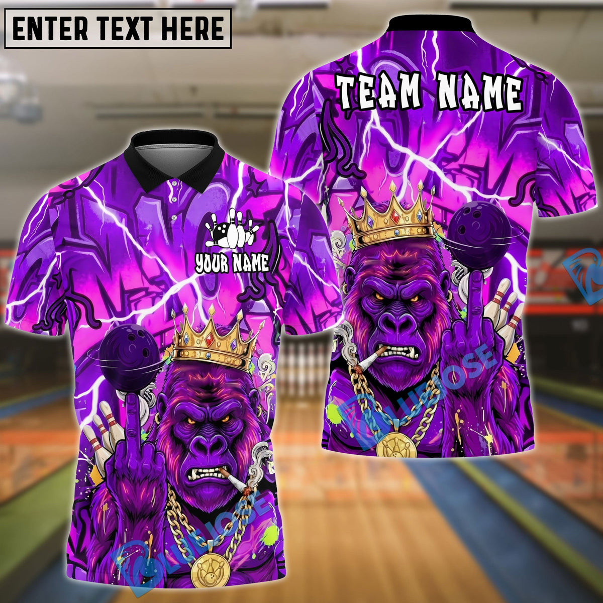 BlueJose Bowling & Pins Gorilla King Graffiti Lightning Customized Name, Team Name 3D Shirt (4 Colors)