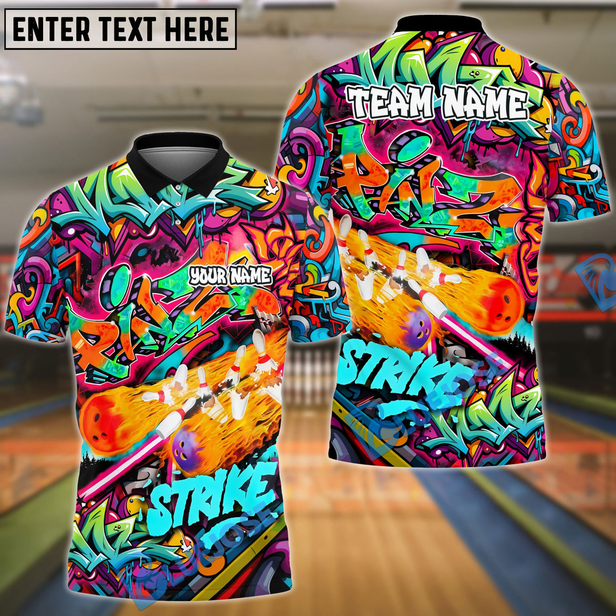 BlueJose Bowling And Pins Graffiti Break Flame Strike Customized Name, Team Name 3D Shirt (4 Colors)