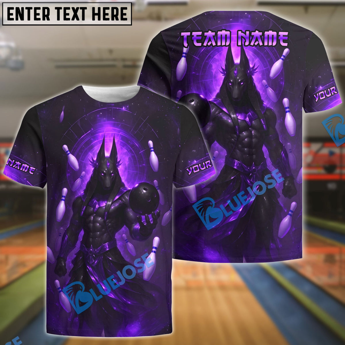 BlueJose Bowling And Pins Ancient Egyptian God Anubis Customized Name, Team Name 3D Shirt (4 Colors)