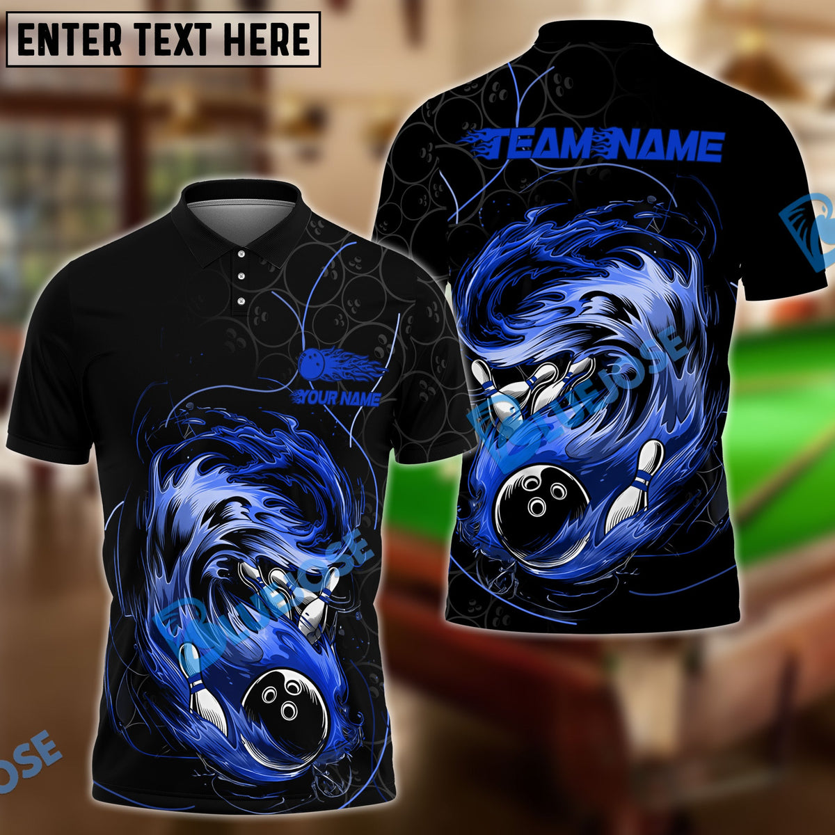 BlueJose Bowling And Pins Curved Paint Customized Name, Team Name 3D Shirt (4 Colors)