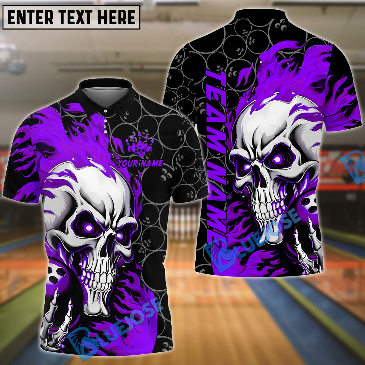 BlueJose Bowling Flaming Skull Strike Customized Name, Team Name 3D Shirt (4 Colors)