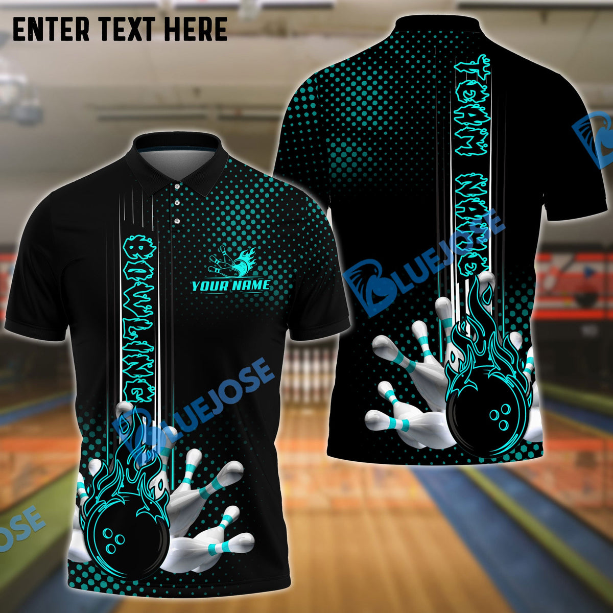 BlueJose Bowling And Pins Fire Dot Pattern Personalized Name Team Name Shirt (4 Colors)