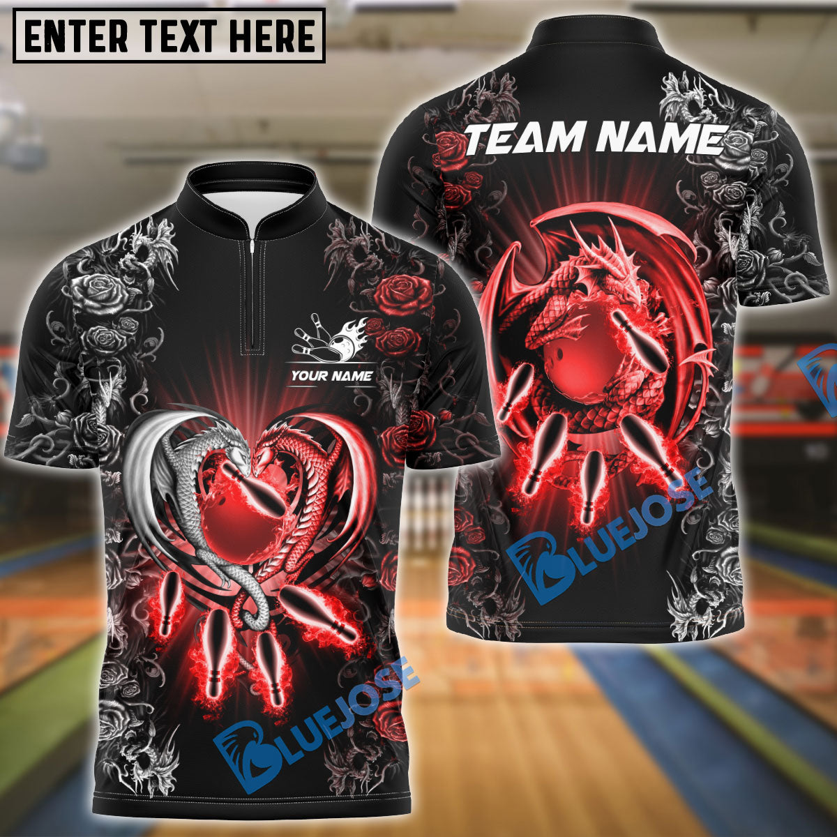BlueJose Bowling And Pins Dragon Heart Flower Pattern Personalized Name Team Name 3D Shirt (4 Colors)