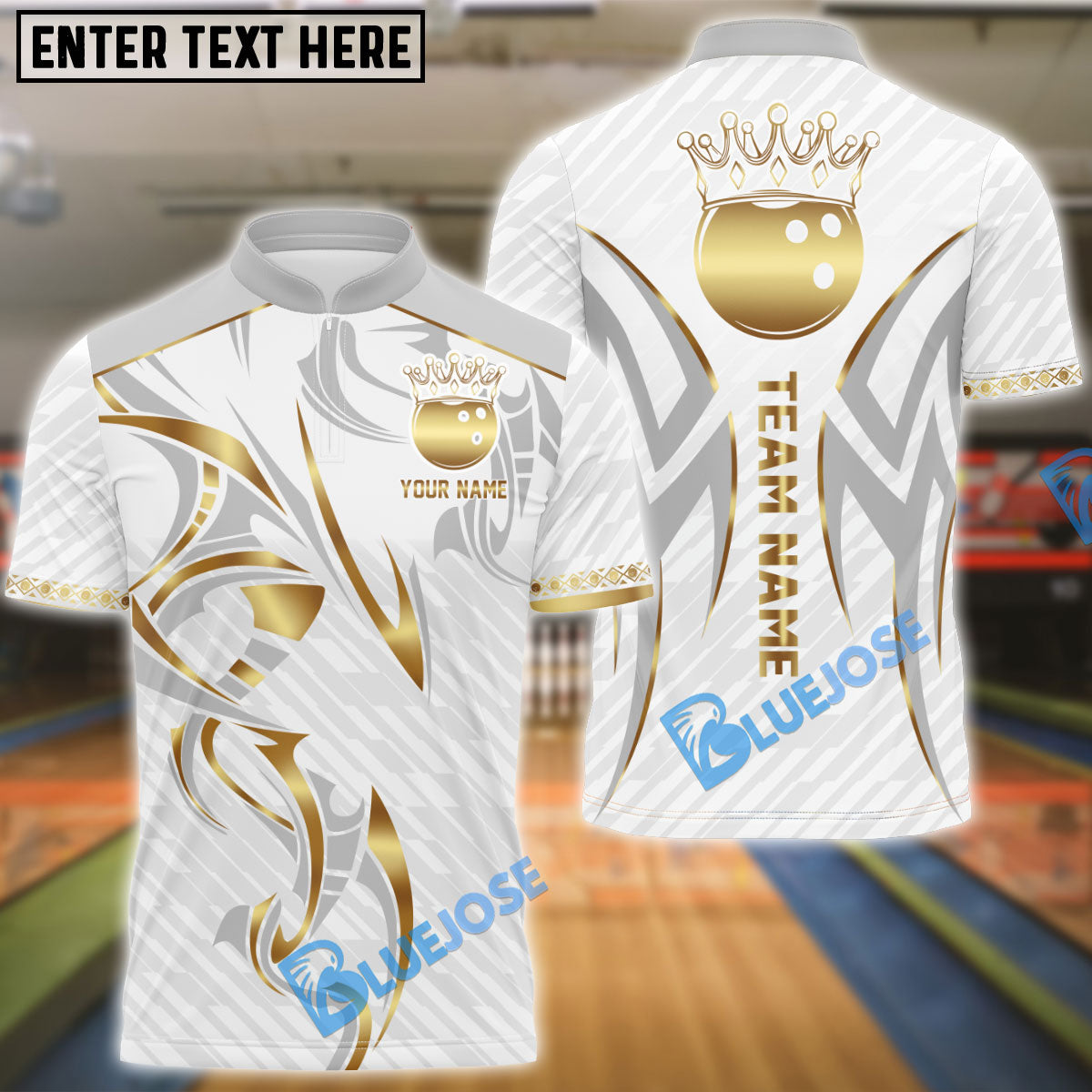 BlueJose Bowling And Pins White Royal Crown Design Customized Name, Team Name 3D Shirt (4 Colors)