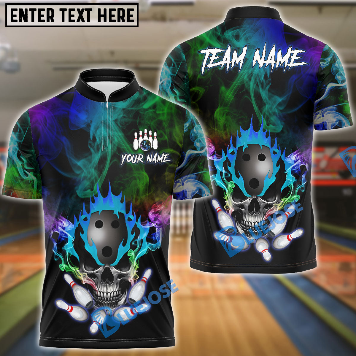 BlueJose Bowling And Pins Multicolor Skull Smoke Pattern Customized Name, Team Name 3D Shirt