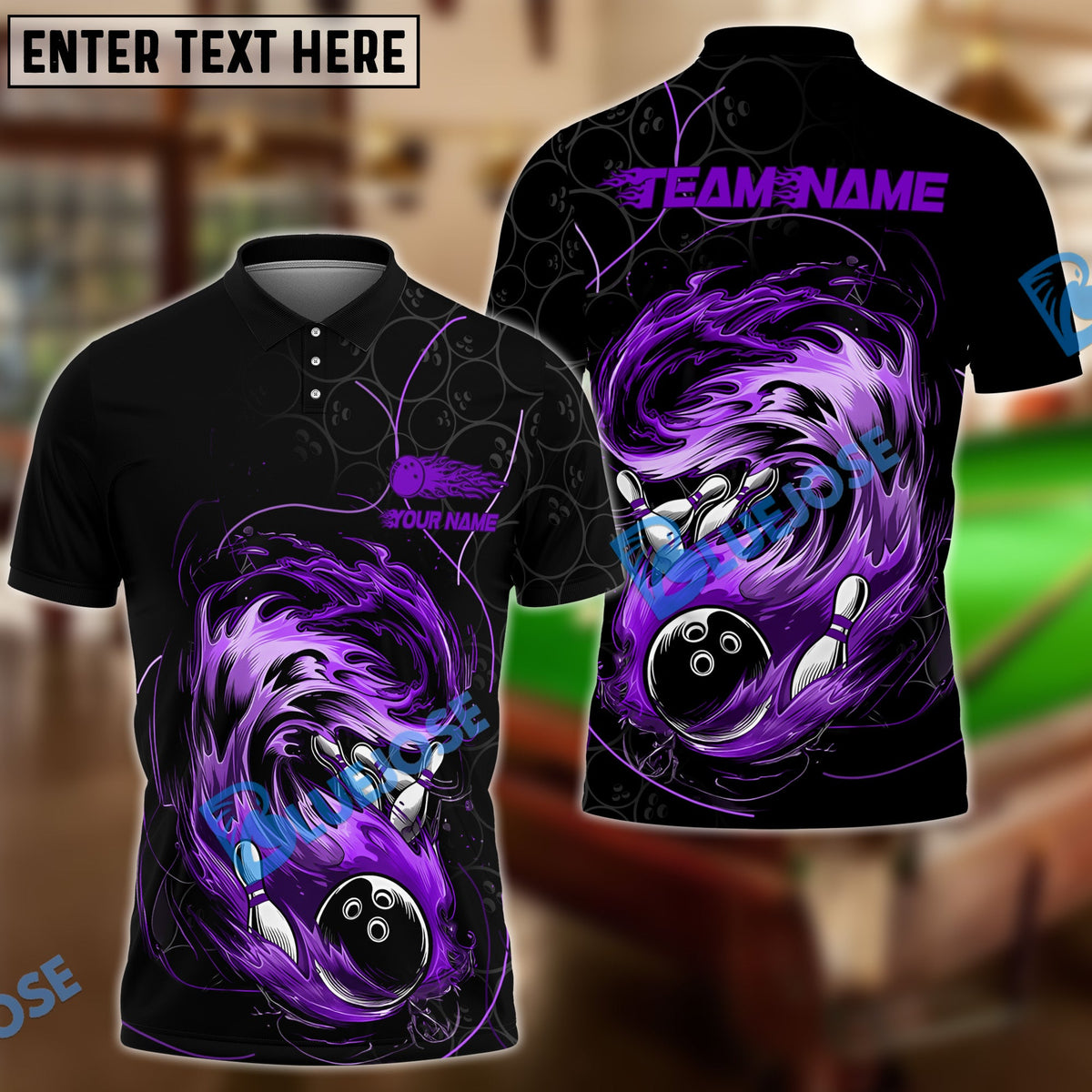 BlueJose Bowling And Pins Curved Paint Customized Name, Team Name 3D Shirt (4 Colors)