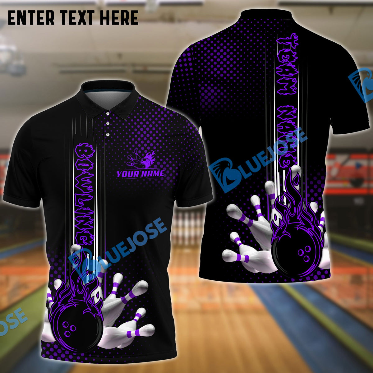 BlueJose Bowling And Pins Fire Dot Pattern Personalized Name Team Name Shirt (4 Colors)