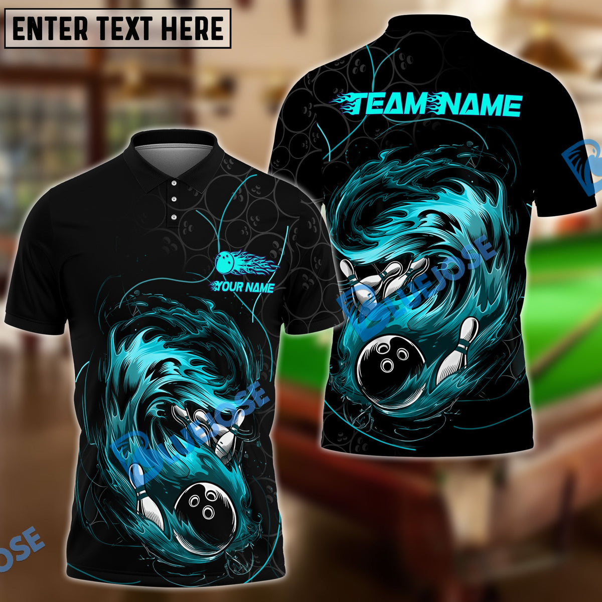 BlueJose Bowling And Pins Curved Paint Customized Name, Team Name 3D Shirt (4 Colors)