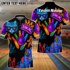 BlueJose Bowling And Pins Neon Cat Pattern Customized Name, Team Name 3D Shirt (4 Colors)