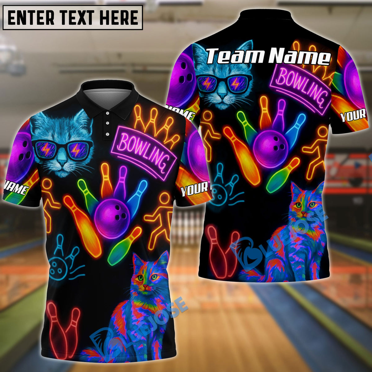 BlueJose Bowling And Pins Neon Cat Pattern Customized Name, Team Name 3D Shirt (4 Colors)