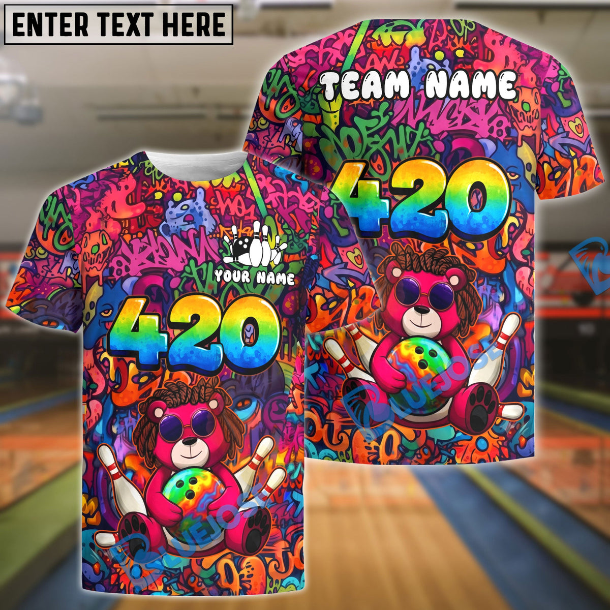 BlueJose Bowling And Pins Graffiti Bear 420 Customized Name, Team Name 3D Shirt (4 Colors)