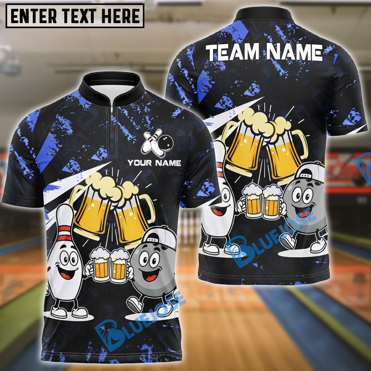 BlueJose Bowling And Pins Funny Beer & Bowling Pins Cartoon Design Customized Name, Team Name 3D Shirt (6 Colors)