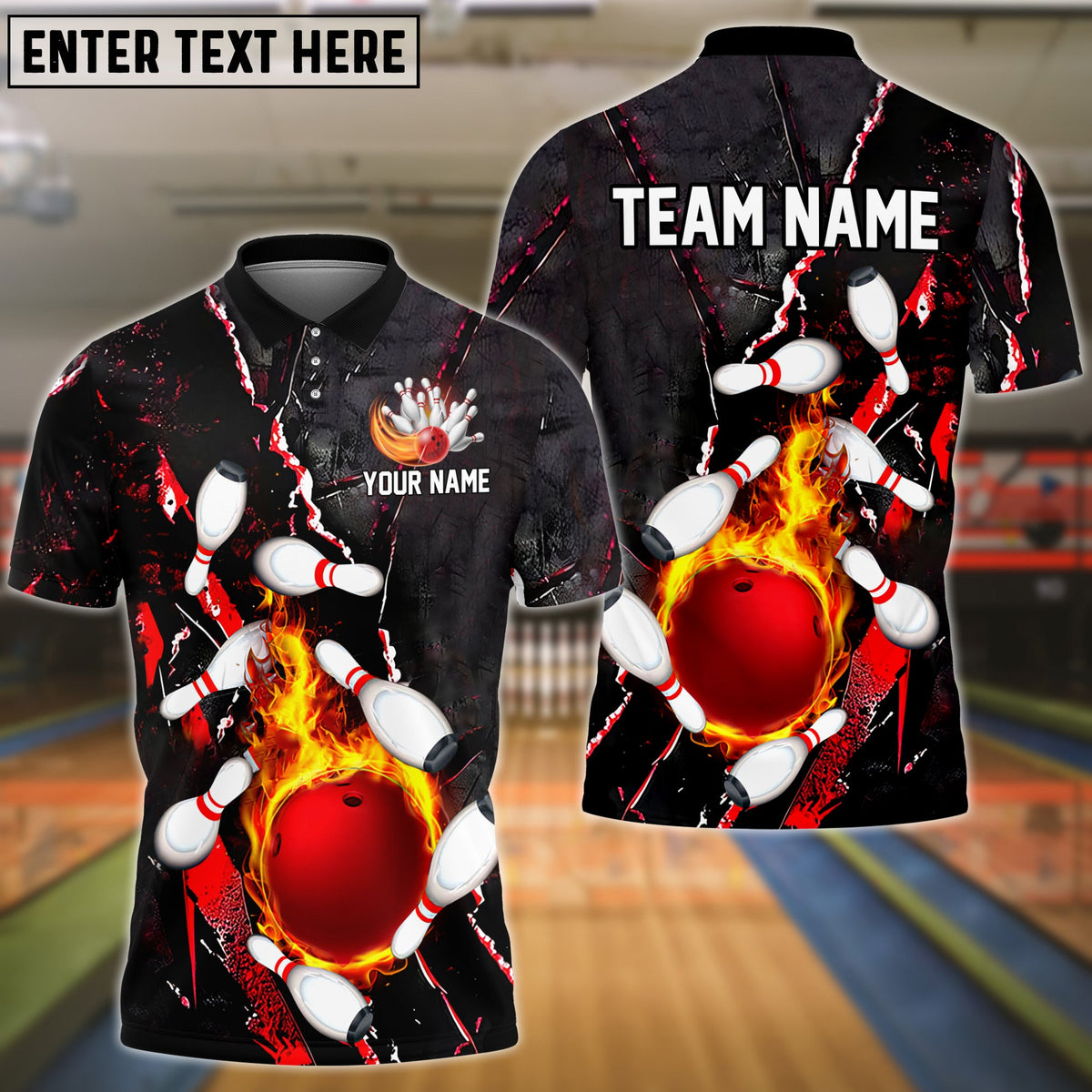 BlueJose Bowling And Pins Flame Crack Wall Customized Name 3D Shirt (4 Colors)