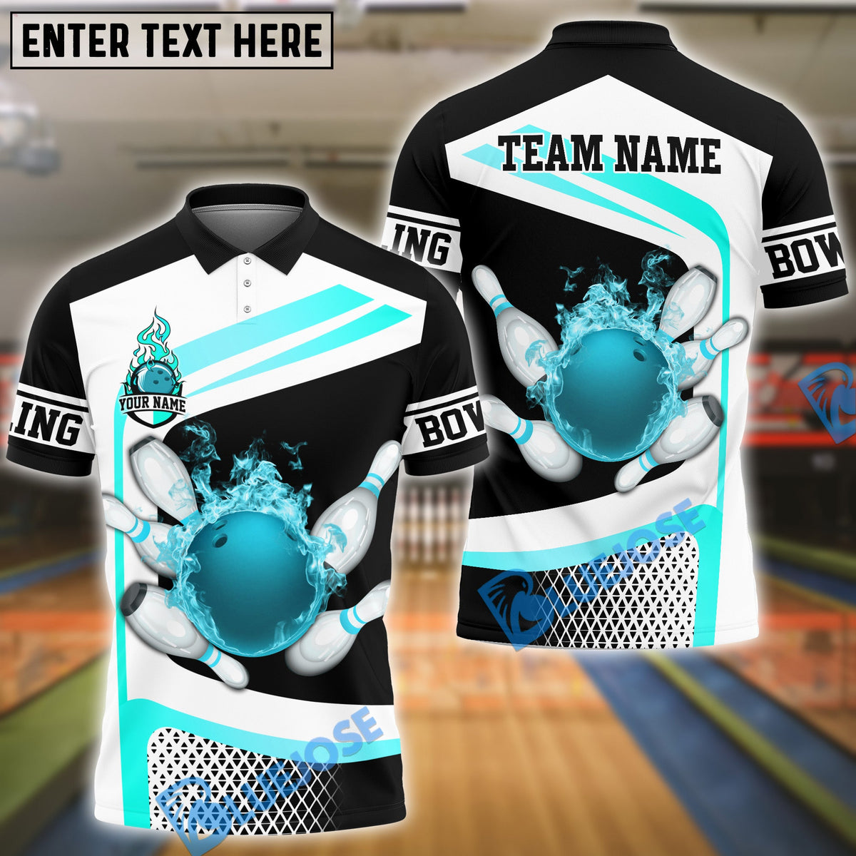 BlueJose Bowling And Pins Golden Flaming Strike Customized Name, Team Name 3D Shirt (4 Colors)