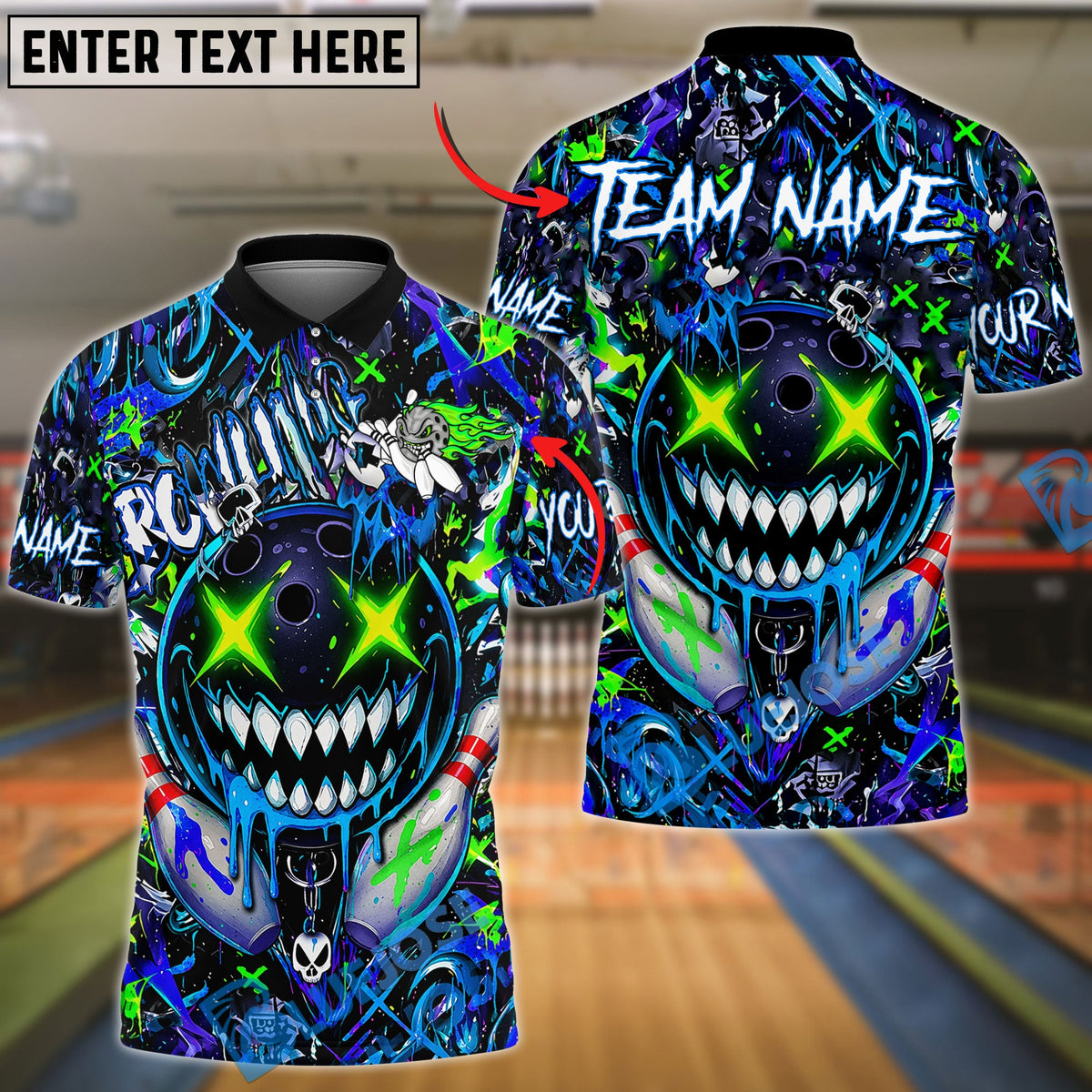 BlueJose Bowling And Pins Crazy Smile Neon Graffiti Customized Name, Team Name 3D Shirt (4 Colors)