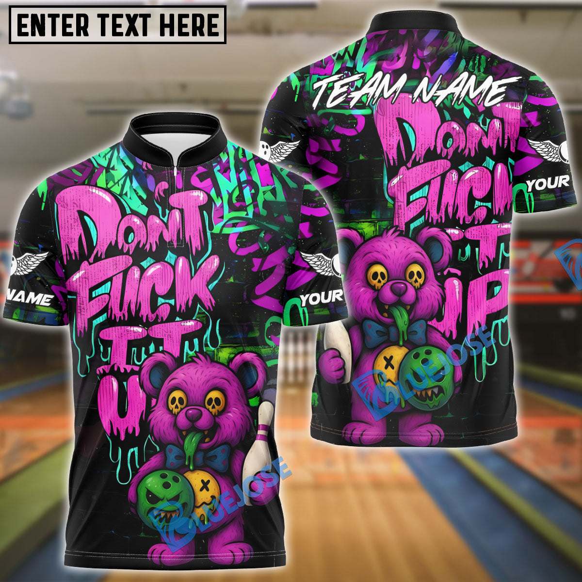 BlueJose Bowling And Pins Bear Scary Teddy Graffiti Style Customized Name, Team Name 3D Shirt (4 Colors)