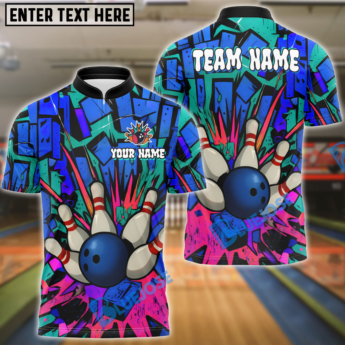BlueJose Bowling And Pins Oldschool Graffiti Customized Name, Team Name 3D Shirt (4 Colors)