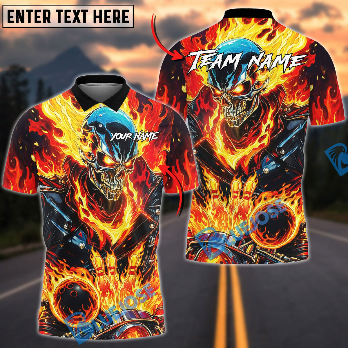 BlueJose Bowling And Pins Flaming Skull Strike Ball Fire Explosion 3D Design Customized Name, Team Name 3D Shirt (4 Colors)