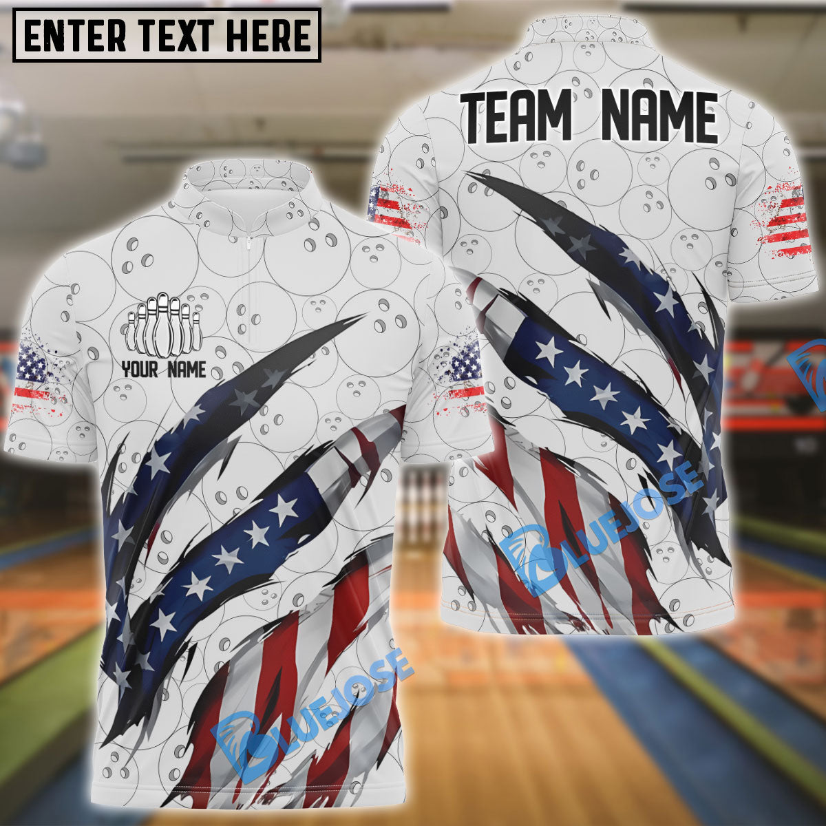 BlueJose Bowling US Flag Ball Pattern Customized Name, Team Name 3D Shirt