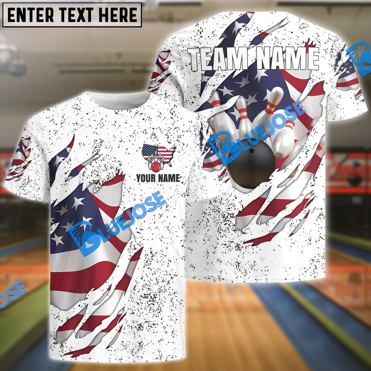 BlueJose Bowling US Flag Customized Name, Team Name 3D Shirt