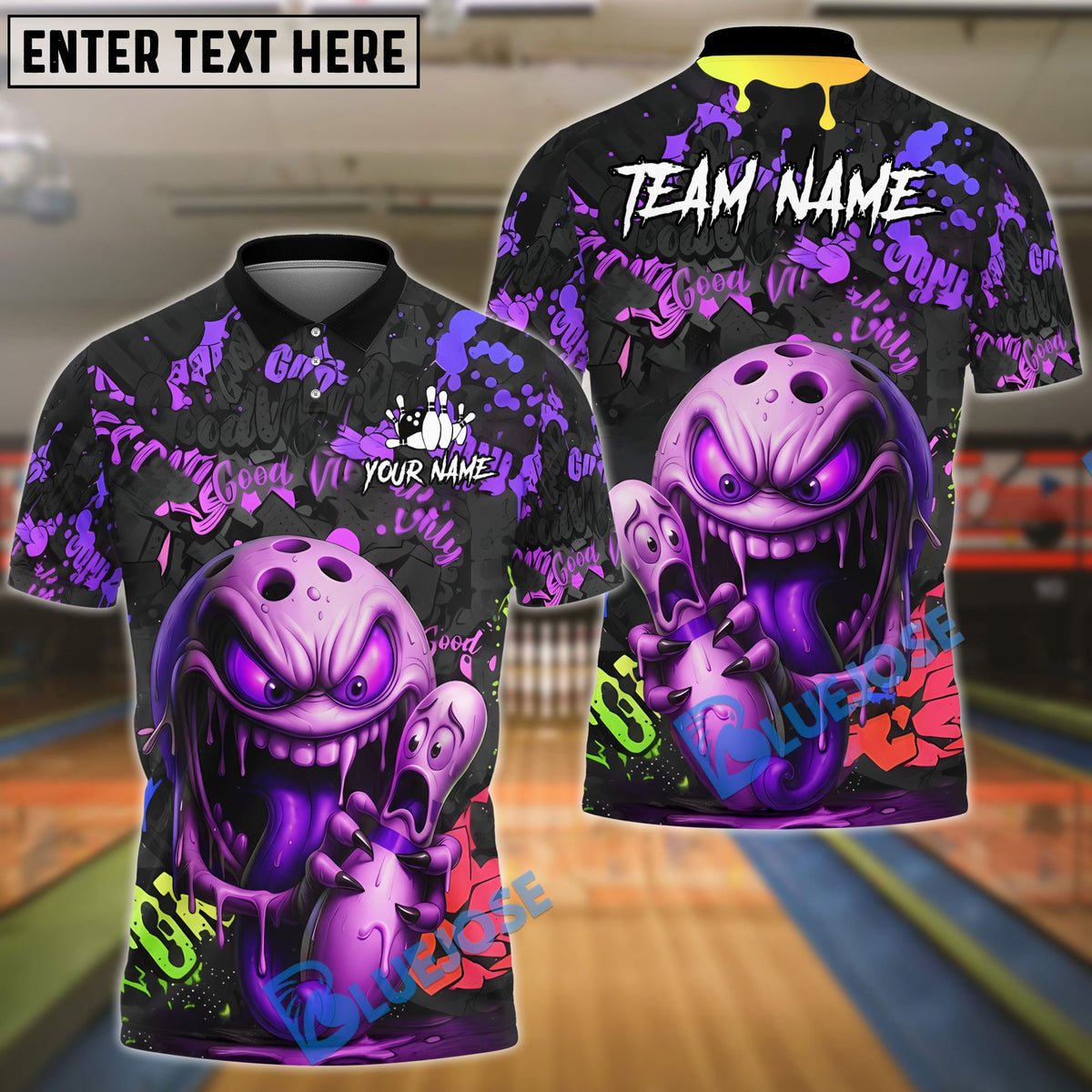 BlueJose Bowling And Pins Monster Graffiti Style Customized Name, Team Name 3D Shirt (4 Colors)