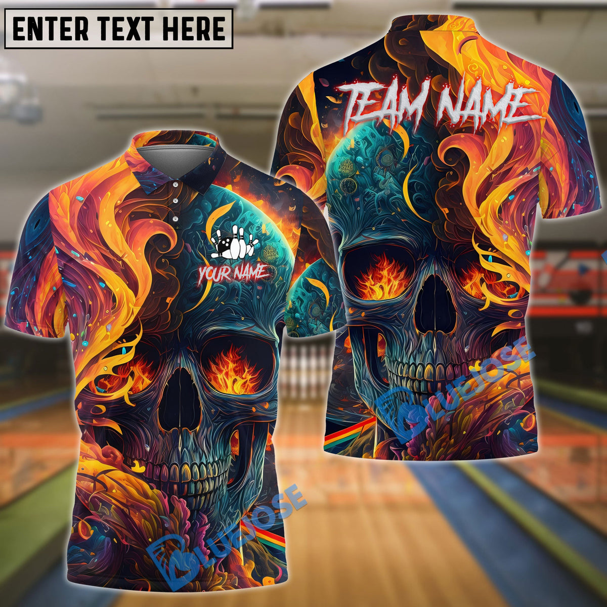 BlueJose Bowling Flaming Skull Abstract Personalized Shirt
